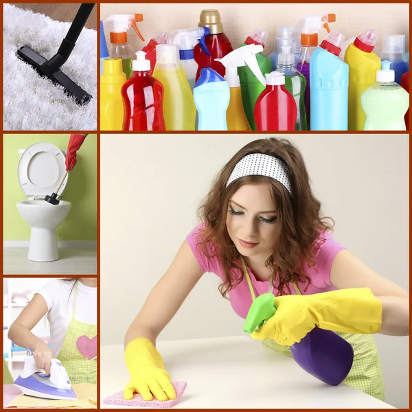 Clean concept. Young housewife with cleaning supplies and tools collage — Stock Photo, Image