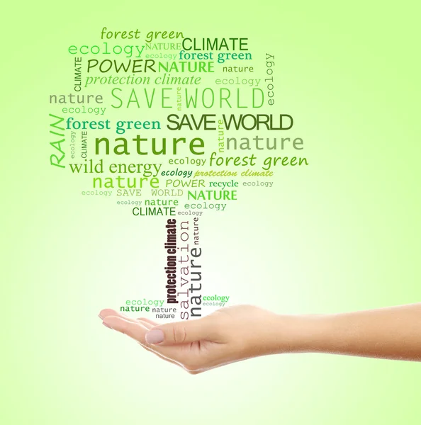 Çevre koruma, el ağaç şeklinde sözleriyle yeşil zemin üzerine kavramı — Stok fotoğraf
