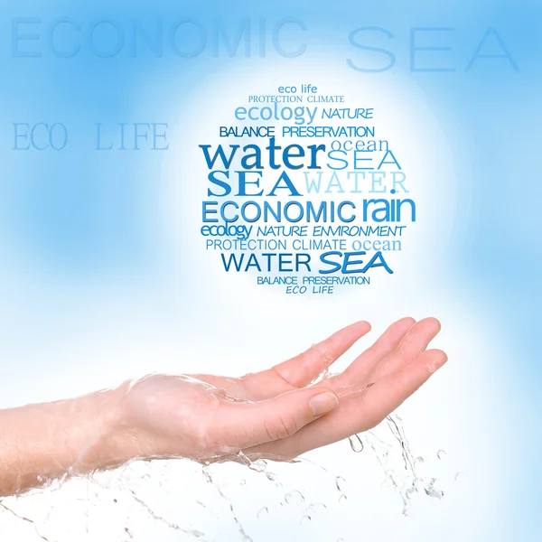 Concept of world's water reserve, words in hand on blue background — Stock Photo, Image