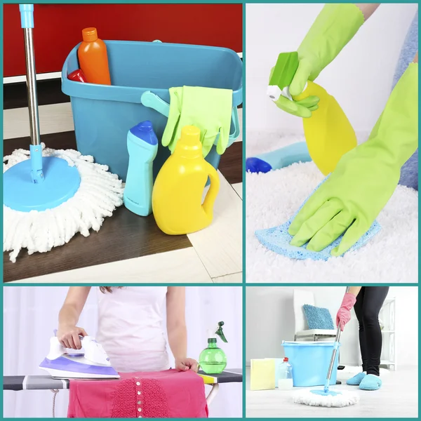 Clean concept. Cleaning supplies and tools collage — Stock Photo, Image