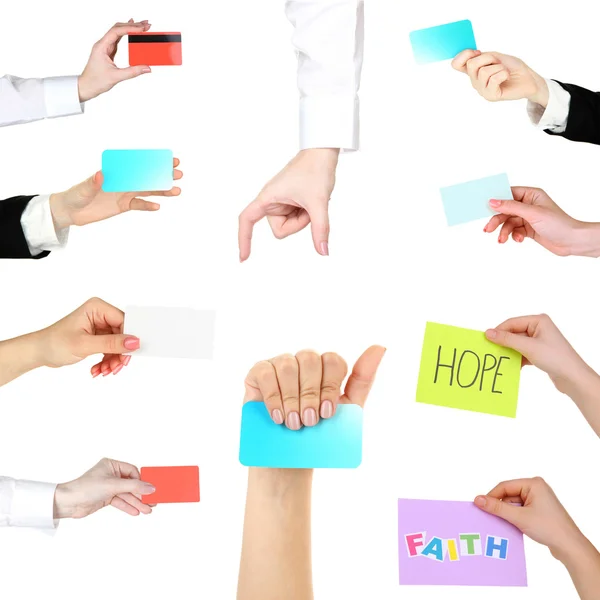 Collage of hands holding empty business cards, credit cards and cards with text isolated white — Stock Photo, Image