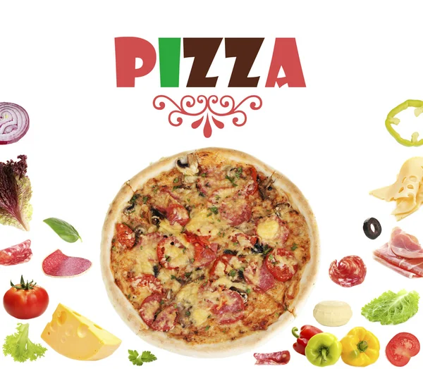 Smaczne pizze i składniki z miejsca na tekst na białym tle — Zdjęcie stockowe