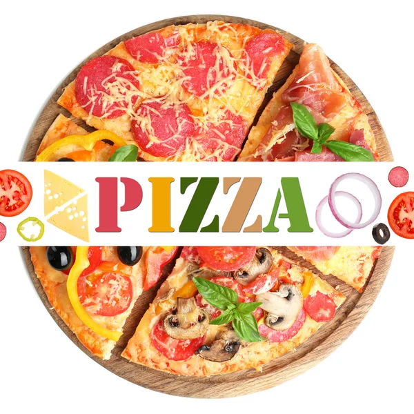 Välsmakande pizza slices på träplatta med utrymme för text isolerad på vit — Stockfoto