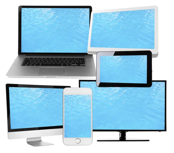Monitors, laptop, tablet and phone with water wallpaper on screens in collage isolated on white — Stock Photo, Image