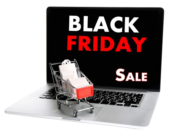 Shopping bags and boxes in shopping cart on laptop isolated on white, Black Friday Sale concept — Stock Photo, Image