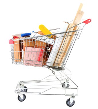 alışveriş sepeti ile üzerine beyaz izole ev yenileme için malzemeler