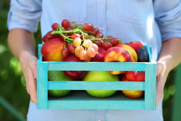Świeżych owoców w drewniane pudełko w ręku na zewnątrz — Zdjęcie stockowe