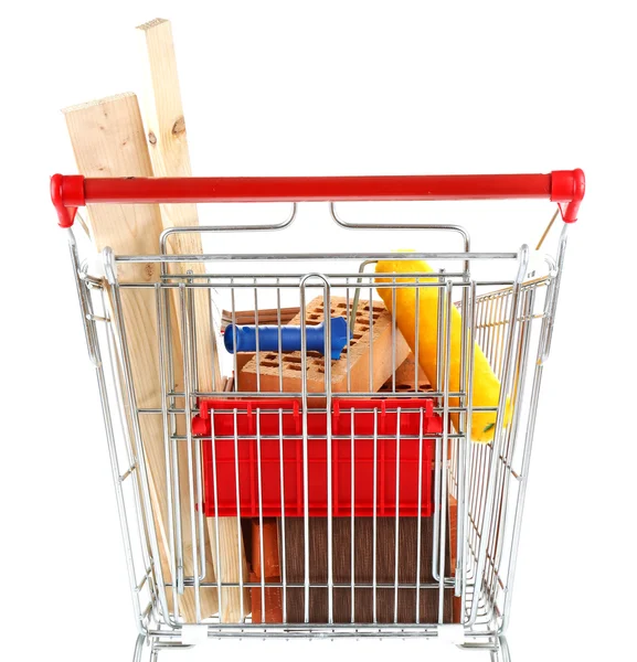 Shopping cart with materials for  home renovation, isolated on white — Stock Photo, Image