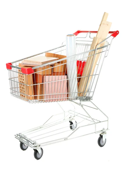 Shopping cart with materials for  home renovation, isolated on white — Stock Photo, Image