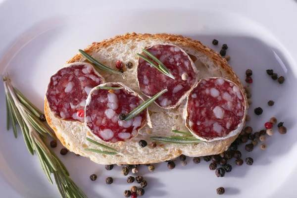 Sandwich with salami on plate close up — Stock Photo, Image