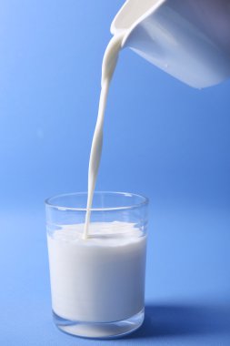 Mavi arka plan üzerinde bardakta süt dökülen