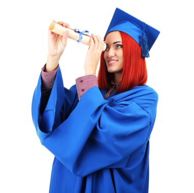 Kadın Lisansüstü Öğrenci mezuniyet şapka ve beyaz izole elbisesi,