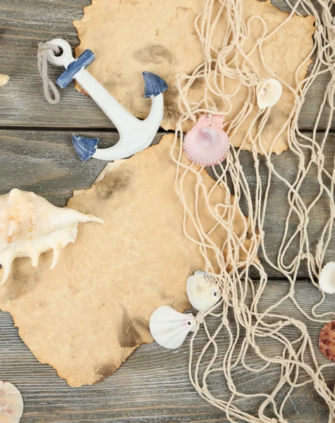 Decor seashells fából készült asztal háttere — Stock Fotó