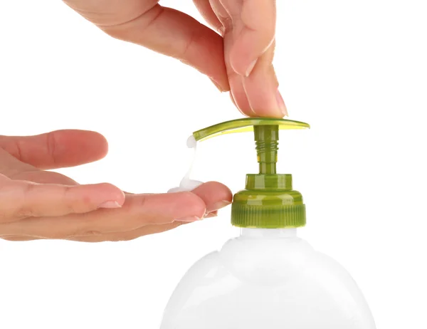 Female hands using liquid soap isolated on white — Stock Photo, Image