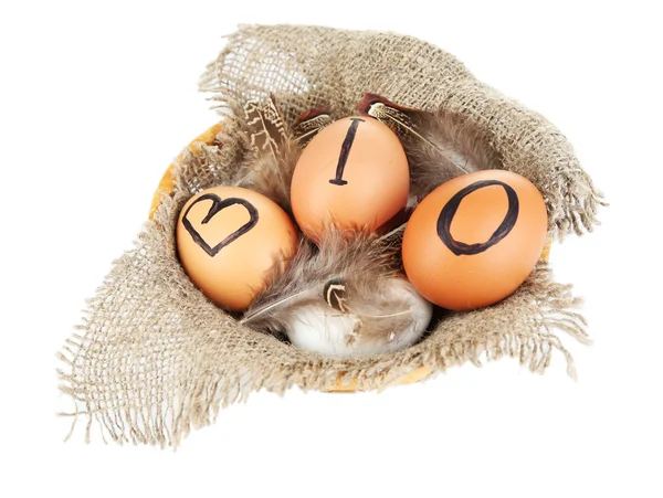 Huevos con inscripción BIO en cáscara de huevo, aislados en blanco —  Fotos de Stock