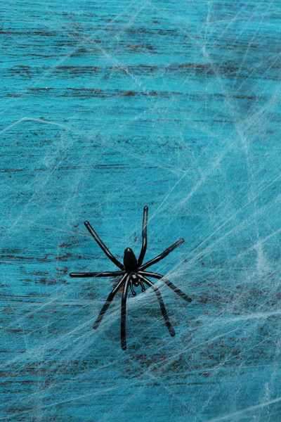 Паутина с пауком на деревянном фоне — стоковое фото