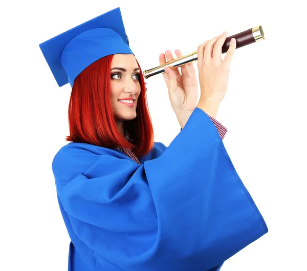 Woman graduate student with spyglass, isolated on white — Stock Photo, Image