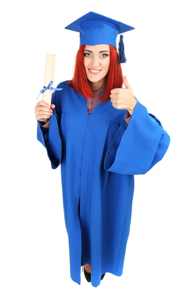Μεταπτυχιακός φοιτητής γυναίκα φοράει καπέλο αποφοίτησης και εσθήτα, που απομονώνονται σε λευκό — Φωτογραφία Αρχείου