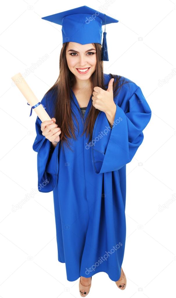 Woman graduate student wearing graduation hat and gown, isolated on white