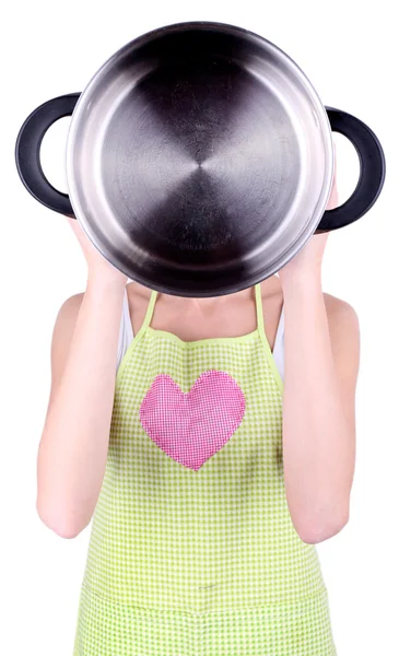 Cooker holding pan on light background — Stock Photo, Image