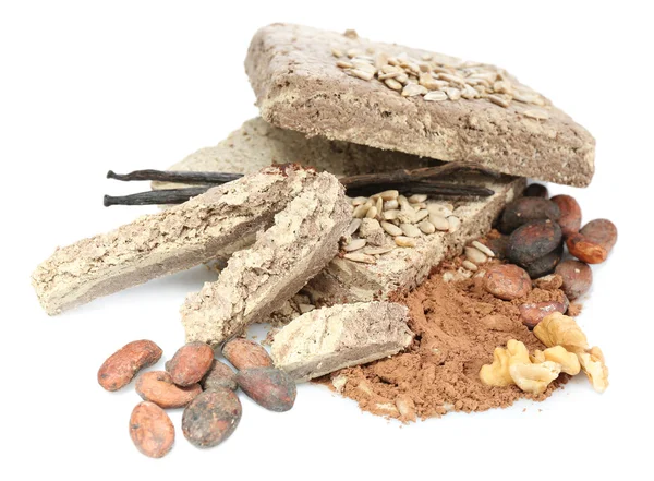 Zonnebloem halva met cacao geïsoleerd op witte achtergrond — Stockfoto