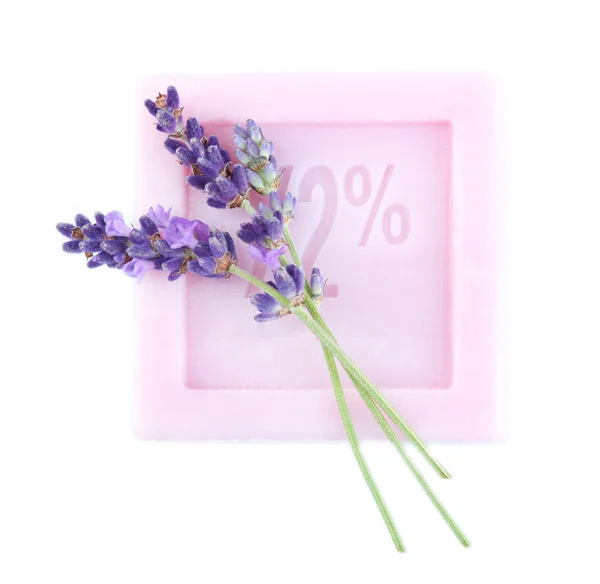 Bar of natural soap with fresh lavender isolated on white — Stock Photo, Image