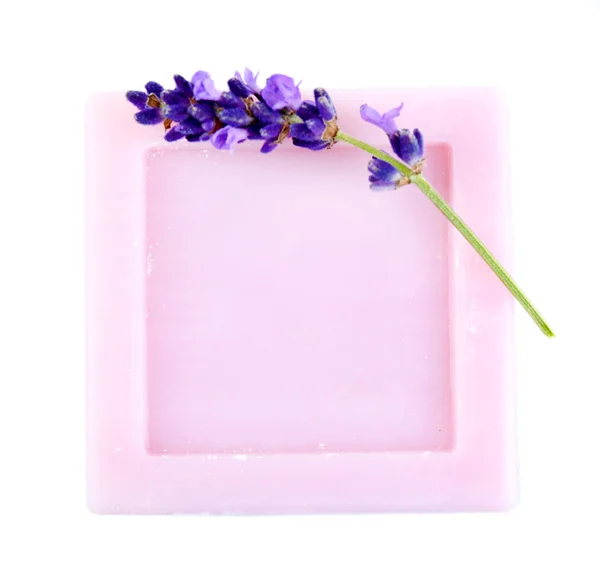 Bar of natural soap with fresh lavender isolated on white — Stock Photo, Image