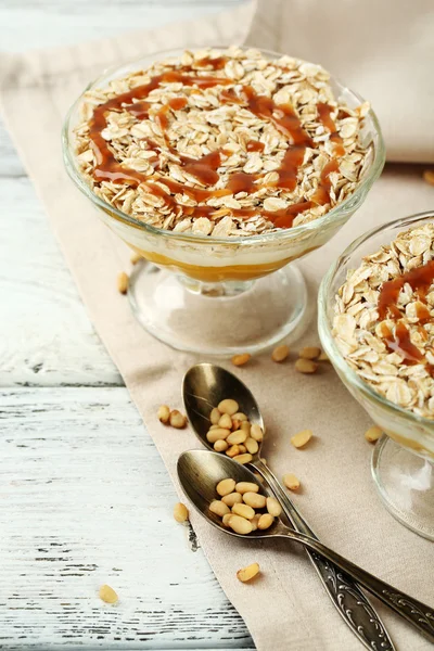 Tasty dessert with oat flakes