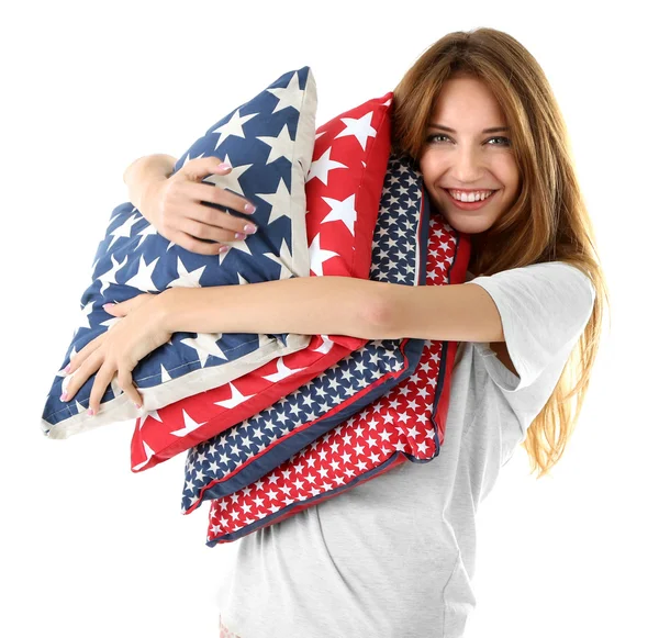 Hermosa joven con almohadas aisladas sobre fondo blanco t — Foto de Stock