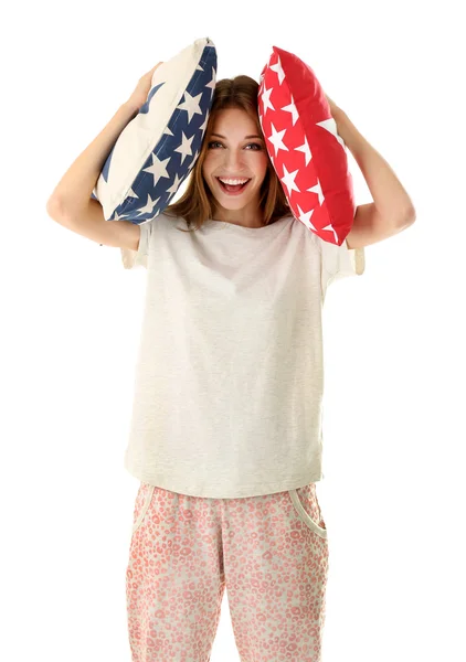 Hermosa joven con almohadas aisladas sobre fondo blanco t — Foto de Stock