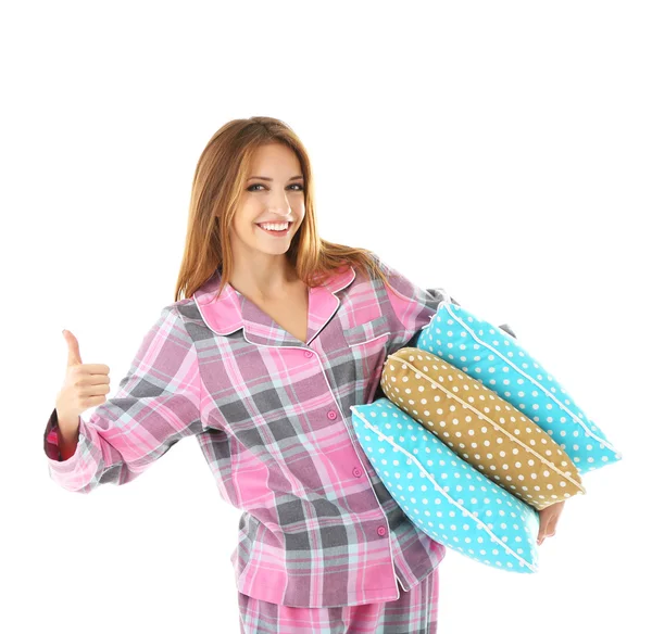 Beautiful young girl holding  pillow isolated on white background — Stock Photo, Image