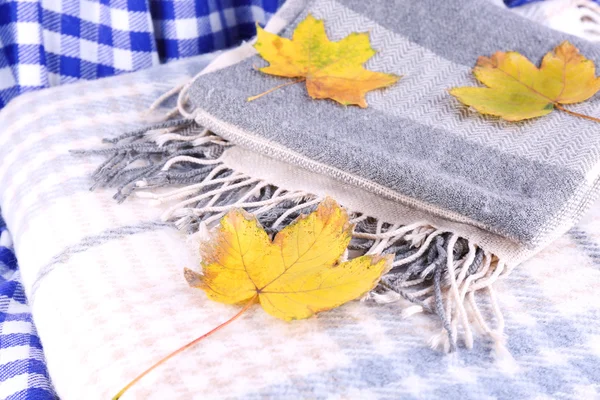 Foglie di autunno su plaid primo piano — Foto Stock