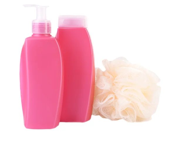 Šampon a sprchový gel s pramínek izolovaných na bílém — Stock fotografie