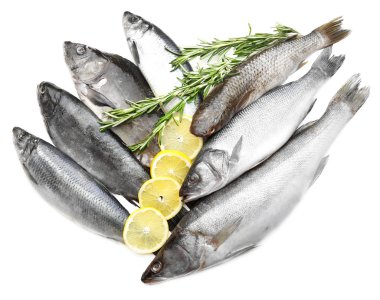 Limon ve biberiye yakın çekim ile taze balık