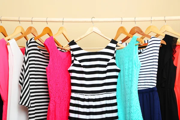 Female dresses on hangers — Stock Photo, Image