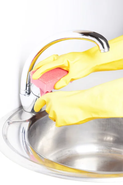 Cleaning kitchen sink close-up — Stock Photo, Image