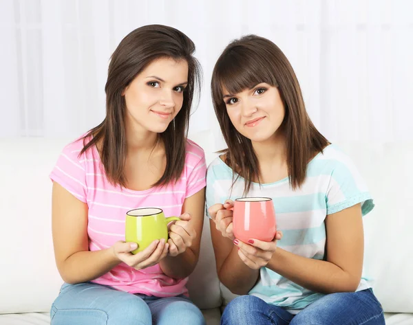 Hermosas chicas gemelas tomando té en casa — Foto de Stock