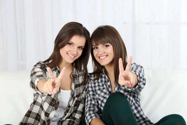 Meninas bonitas gêmeos em casa — Fotografia de Stock