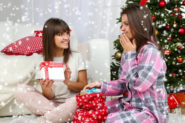 Belle gemelle sorelle giovani. Natale e Capodanno — Foto Stock