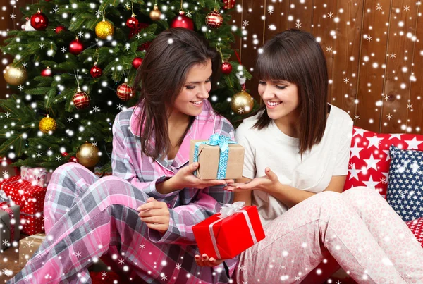 Hermosas hermanas gemelas. Navidad y Año Nuevo — Foto de Stock