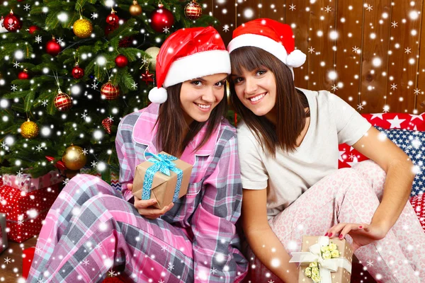 Mooie jonge zusters tweeling. Kerstmis en Nieuwjaar — Stockfoto