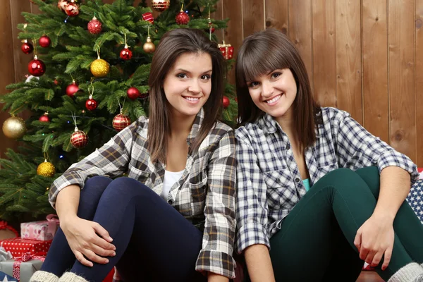 Hermosas chicas gemelas cerca del árbol de Navidad en casa — Foto de Stock