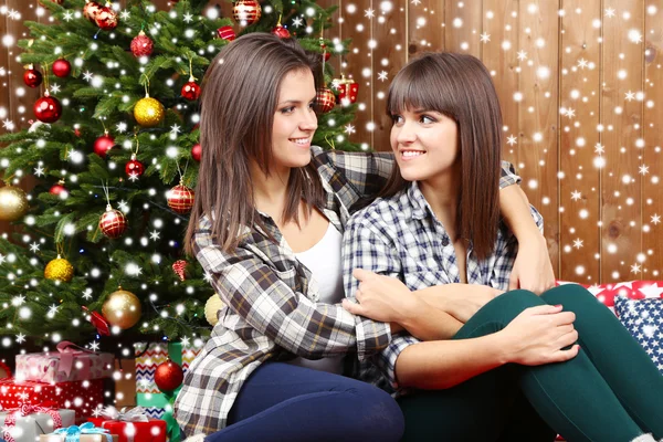 Lindas irmãs gémeas. Natal e Ano Novo — Fotografia de Stock