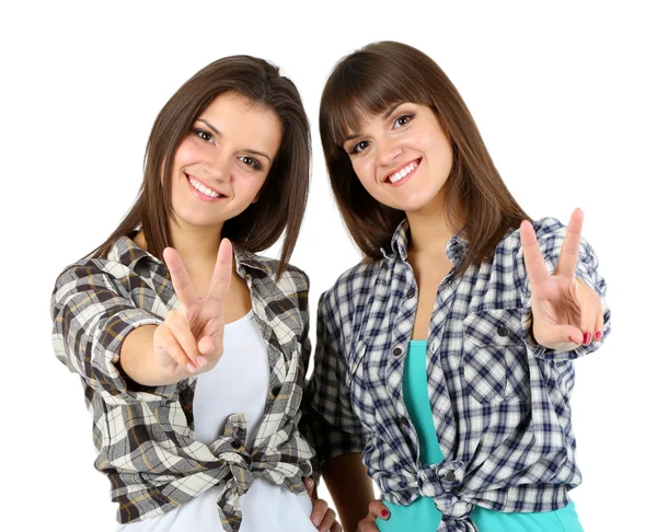 Mooie meisjes tweeling geïsoleerd op wit — Stockfoto