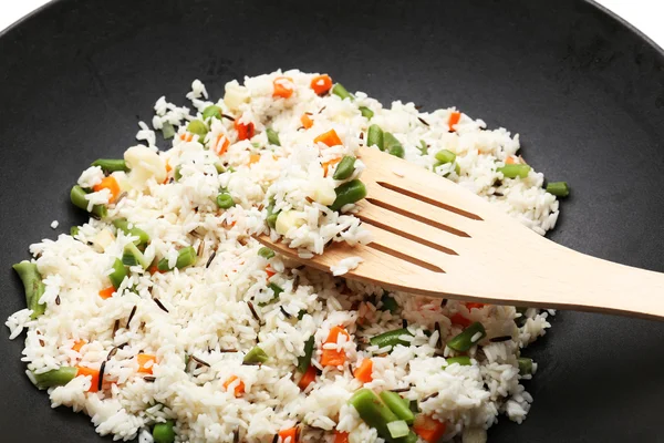 Tasty rice preparing in wok, close-up — Stock Photo, Image