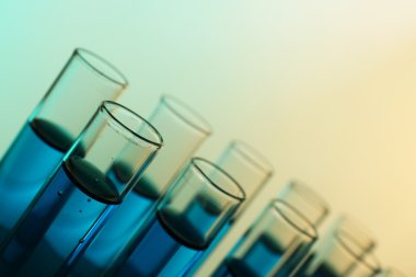 Test tüpleri sessiz zemin üzerine mavi sıvı ile dolu