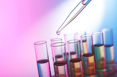 Sıvı test tüpleri arka plan parlak pembe birine ekleyerek pipet