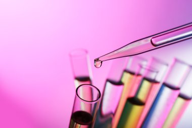 Sıvı test tüpleri arka plan parlak pembe birine ekleyerek pipet