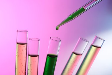 Sıvı test tüpleri arka plan parlak pembe birine ekleyerek pipet
