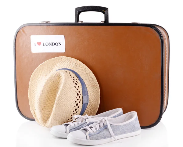 Travel suitcase with hat and shoes — Stock Photo, Image